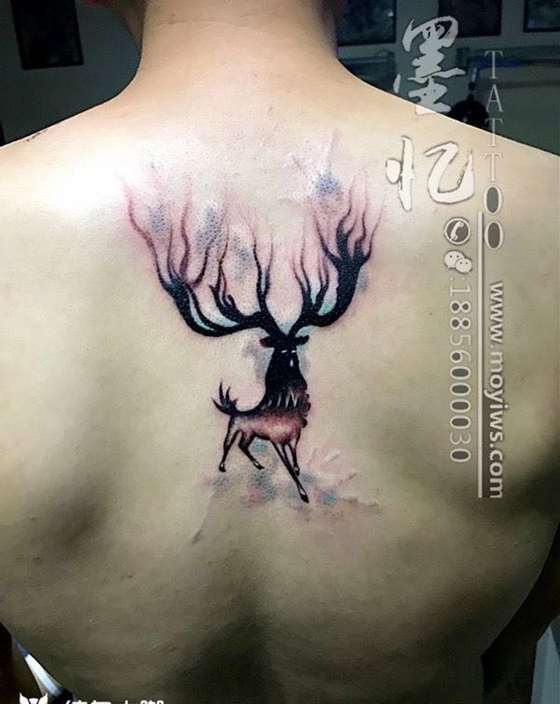 鹿纹身图片_成品背部传统动物纹身图案