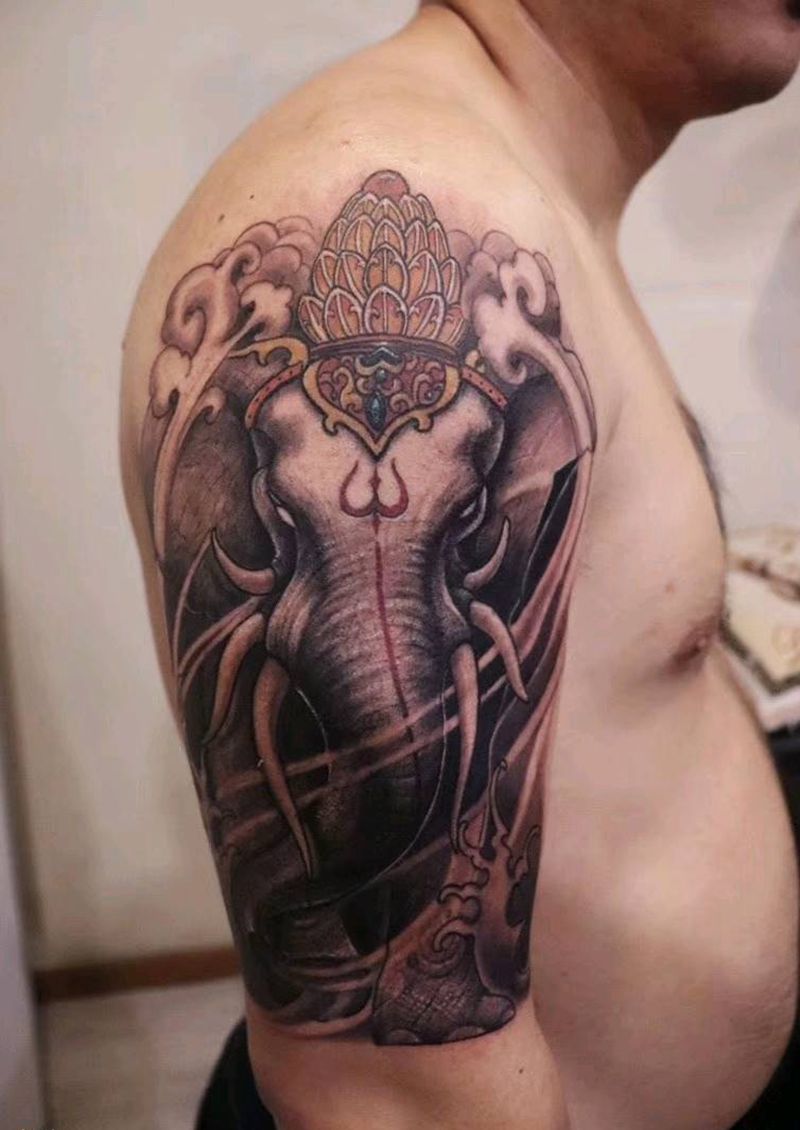 象神纹身图片_手臂新传统纹身图案