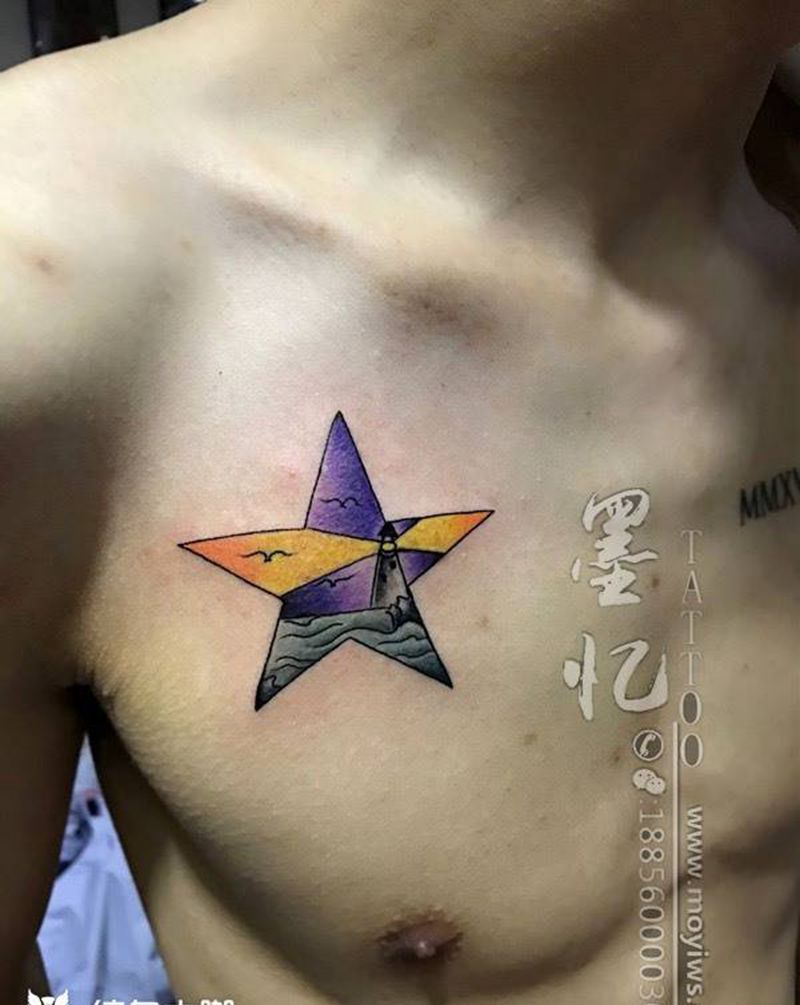 五角星纹身图片_成品胸部清新欧美原创几何纹身图案