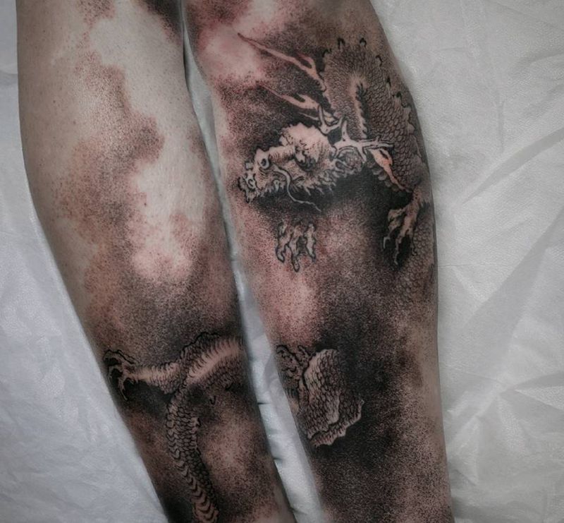 自然刺青處-成为前 作品纹身图片_腿部新传统纹身图案