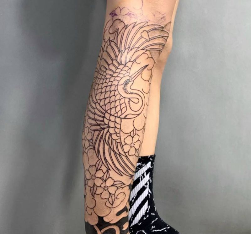 仙鹤纹身图片_腿部老传统纹身图案