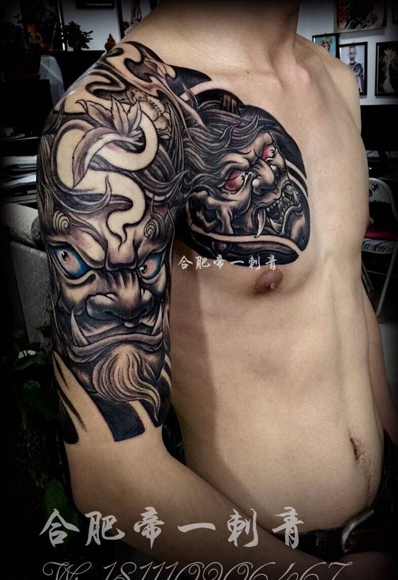 鬼神半胛纹身图片_成品胸部手臂传统鬼神纹身图案