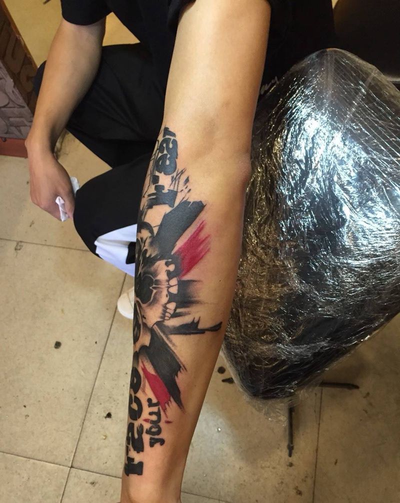 涂鸦 骷髅纹身图片_成品手臂欧美写实鬼神人物纹身图案