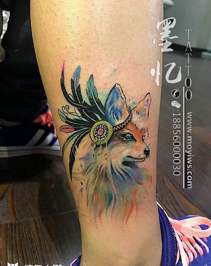 印第安狐狸纹身图片_成品腿部清新欧美动物纹身图案