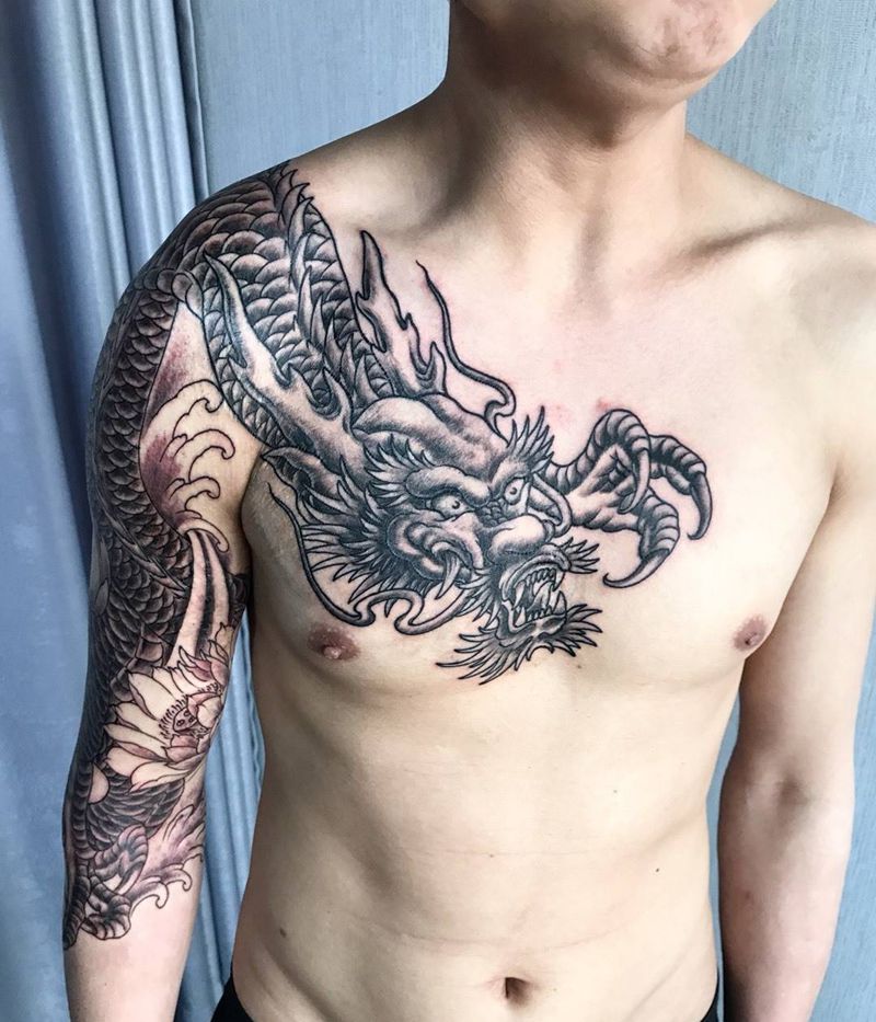 过肩龙纹身图片_成品手臂胸部传统动物龙纹身图案