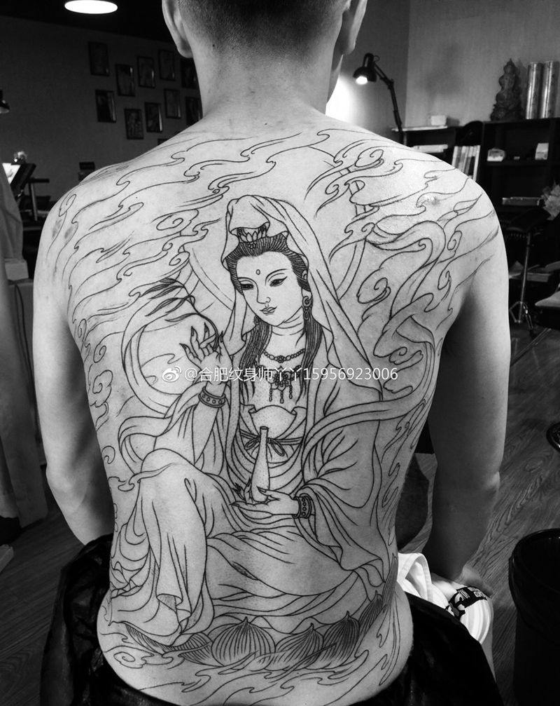 满背观音纹身图片_成品背部传统宗教人物纹身图案
