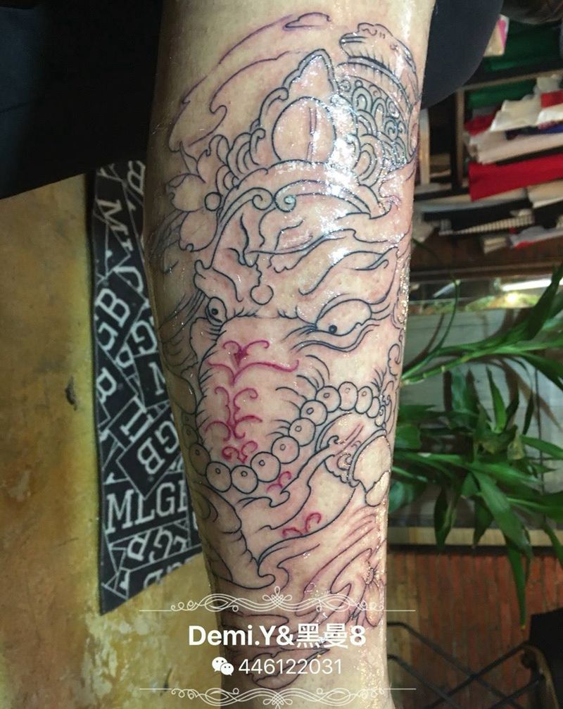 象神纹身图片_成品腿部传统动物鬼神纹身图案