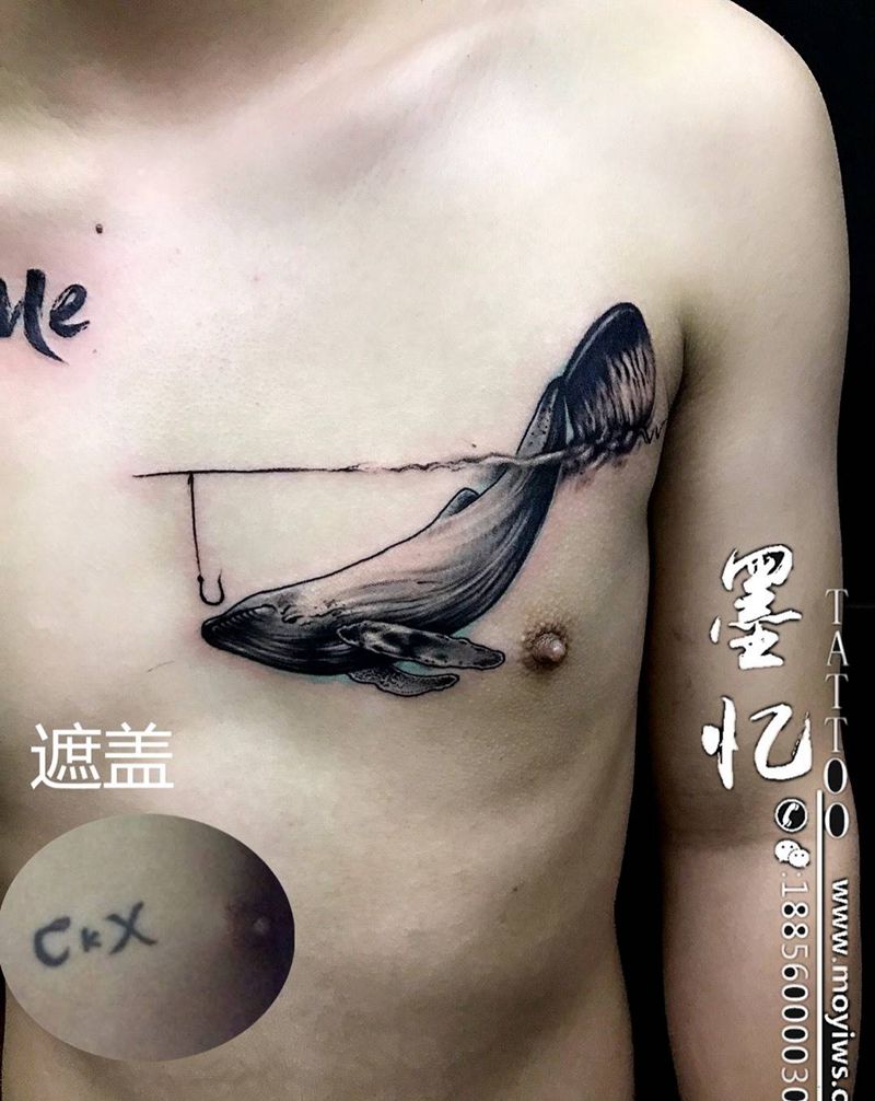 鲸鱼遮盖纹身图片_成品胸部欧美原创纹身图案