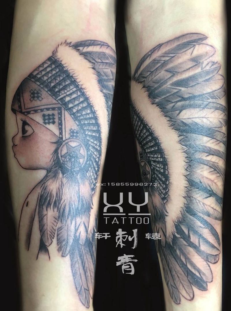 印第安女孩纹身图片_手部手臂欧美写实New School印第安人萌萌哒小女孩纹身图案