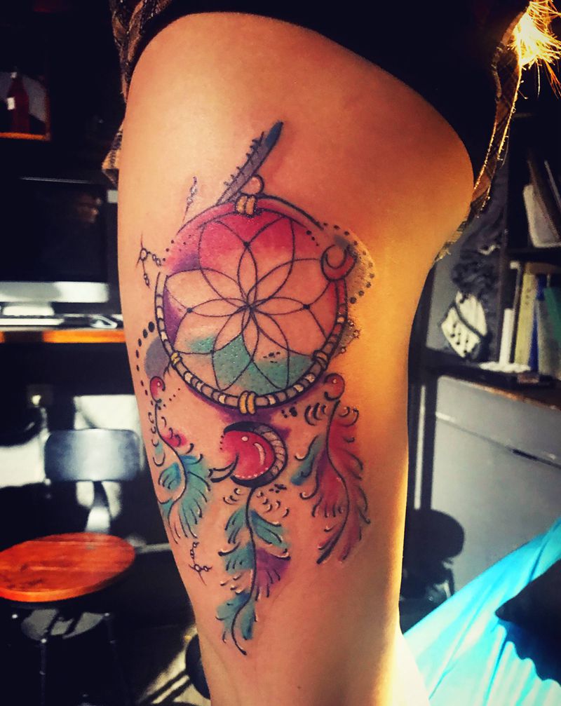 补梦网纹身图片_腿部水彩纹身图案