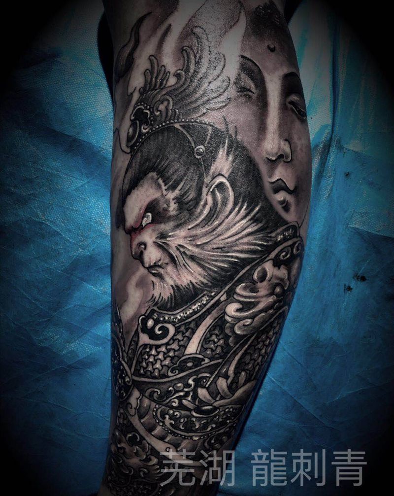 悟空纹身图片_腿部新传统纹身图案