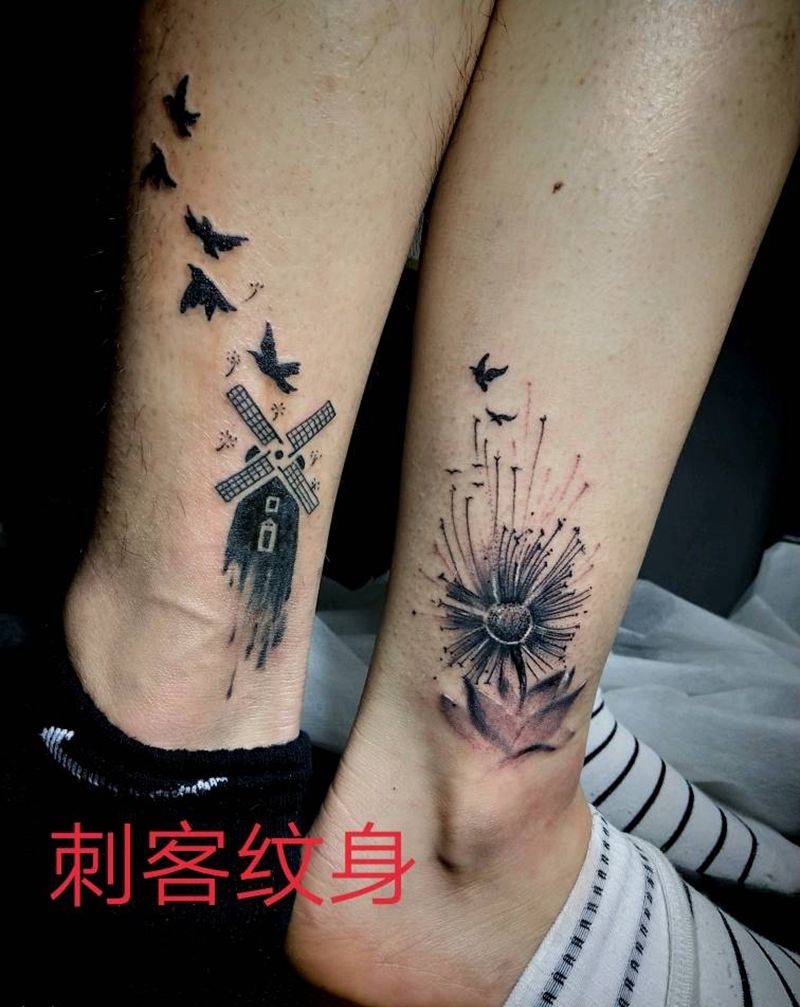 情侣纹身纹身图片_腿部脚部欧美清新几何植物图腾原创成品手稿纹身图案