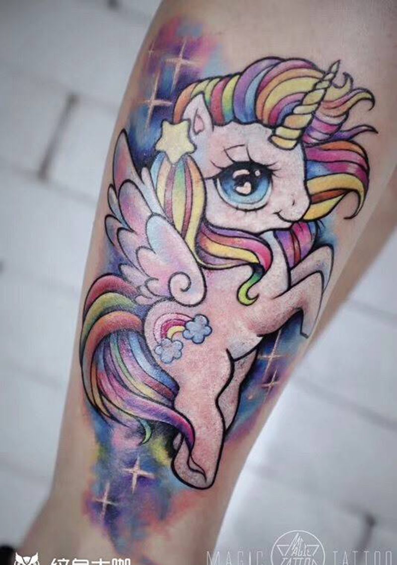 独角兽遮盖纹身图片_腿部New School独角兽遮盖纹身图案