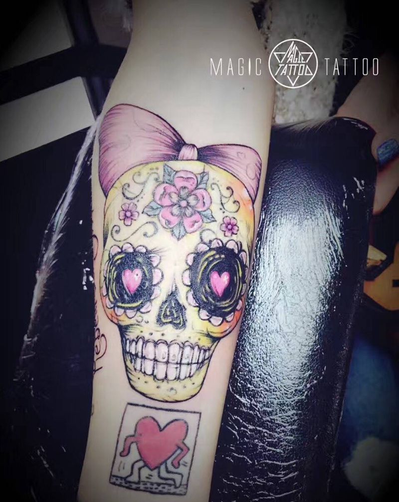 彩色骷髅纹身图片_成品手臂欧美鬼神蚌埠英文彩色骷髅纹身图案