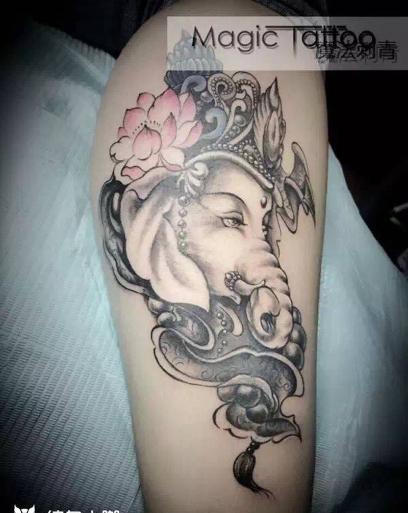 象神遮盖纹身图片_腿部传统鬼神蚌埠纹身图案
