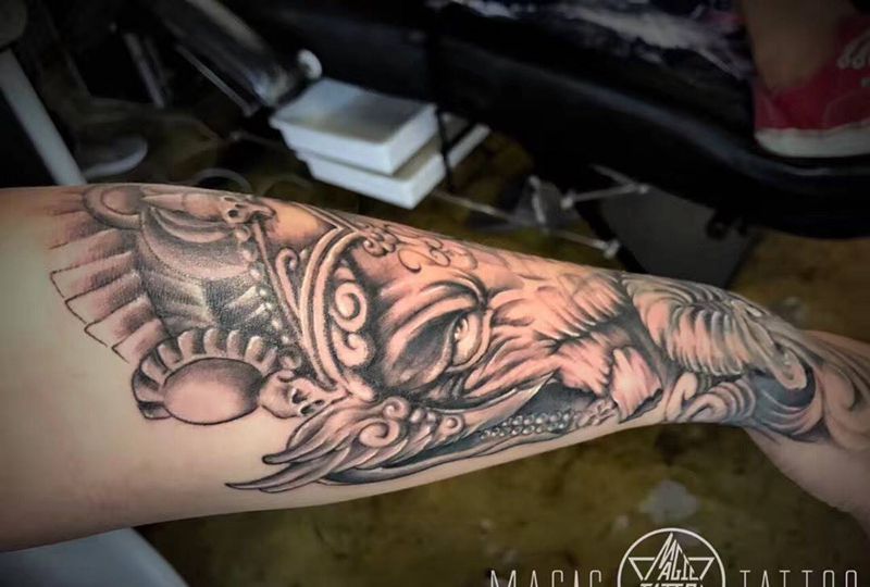 象神遮盖纹身图片_成品手臂传统鬼神蚌埠守护神象神纹身图案