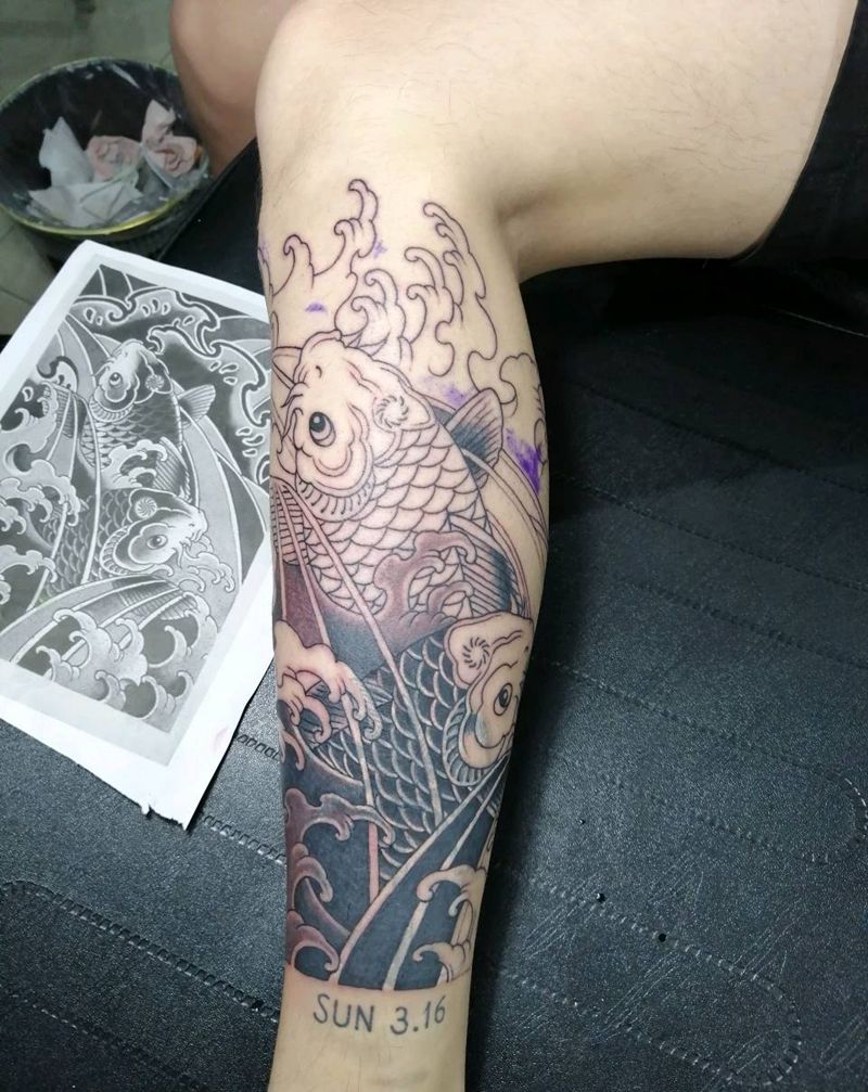 日式传统鱼，盖图，未完成纹身图片_手臂腿部老传统纹身图案