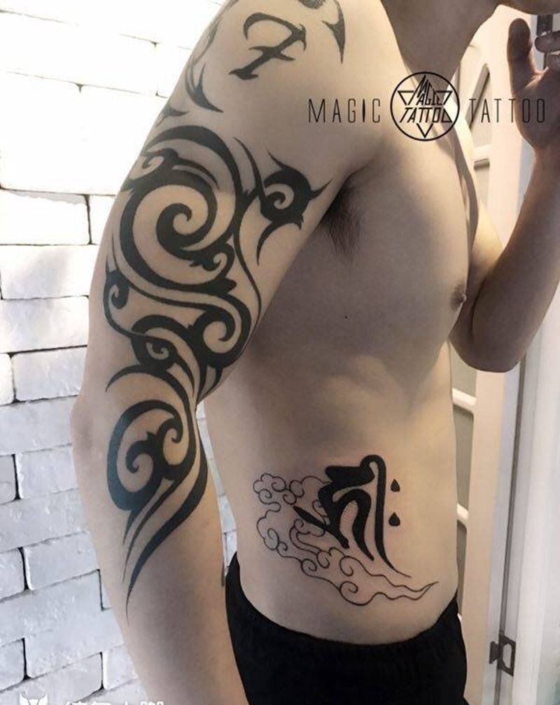 图腾花臂纹身图片_手臂腰部传统几何图腾蚌埠花臂守护神纹身图案