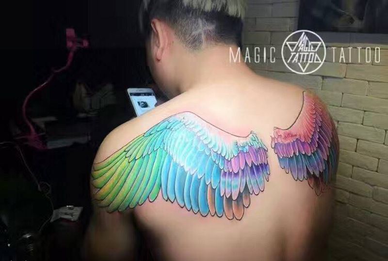 好彩的翅膀纹身图片_背部欧美静物蚌埠纹身图案