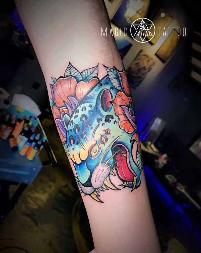 school豹子纹身图片_成品手臂欧美school蚌埠豹子纹身图案