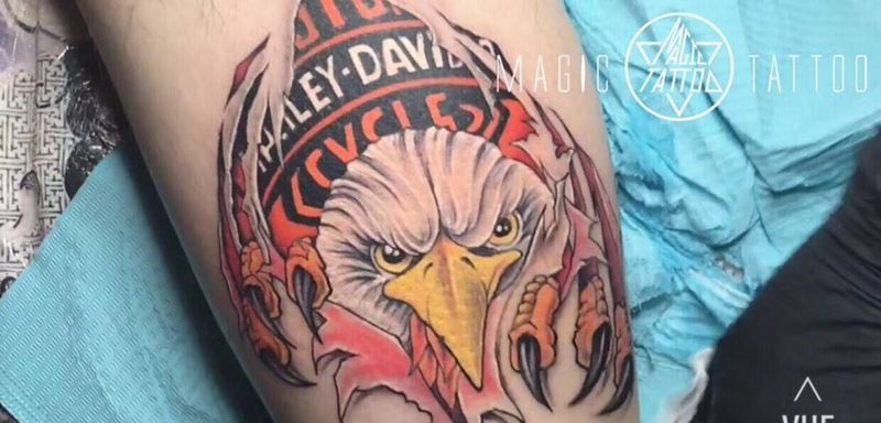 harley-davidson纹身图片_成品腿部欧美蚌埠哈雷纹身图案