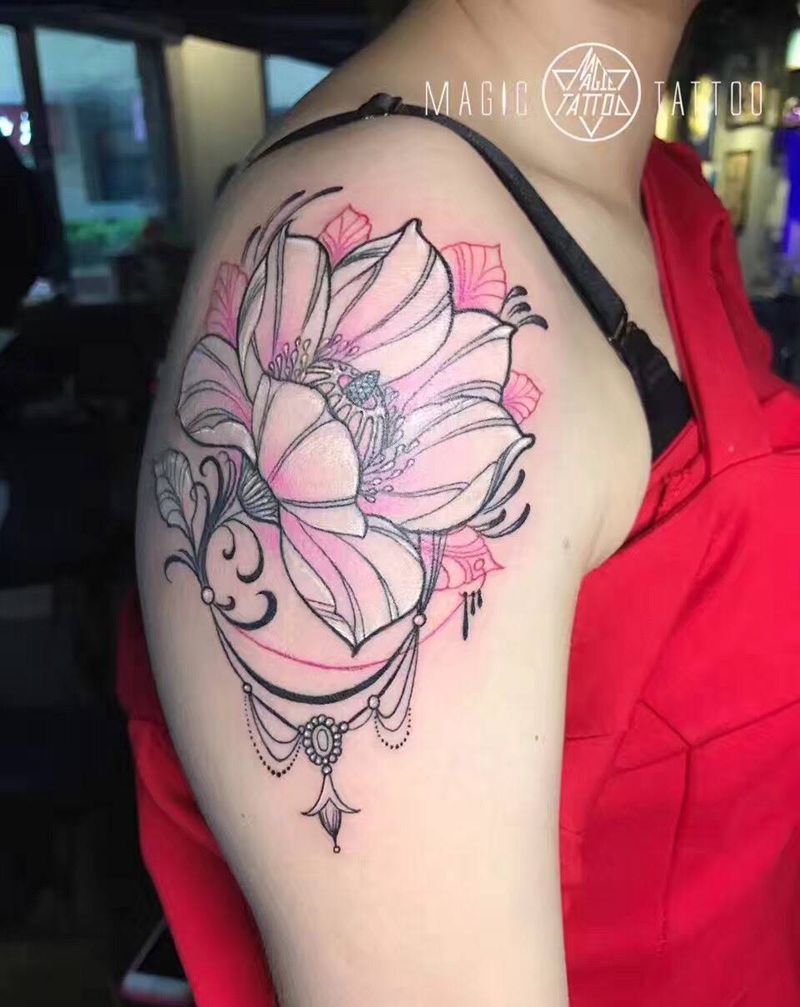 水彩莲花纹身图片_成品手臂欧美植物蚌埠水彩彩色唯美莲花纹身图案