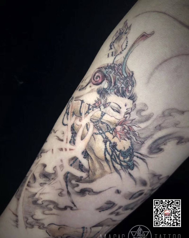武伎·拈花纹身图片_手臂水墨敦煌飞天武伎纹身图案