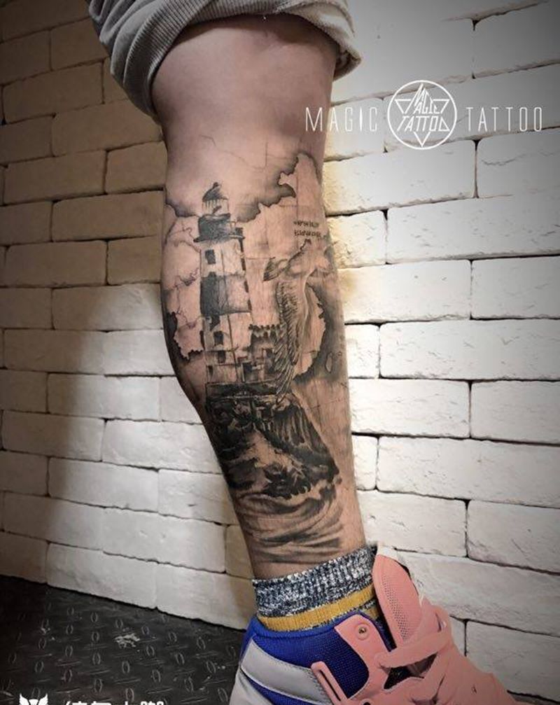 前三张为恢复后，最后一张为新鲜出炉纹身图片_成品腿部欧美写实蚌埠灯塔帆船海鸥地图经纬线纹身图案