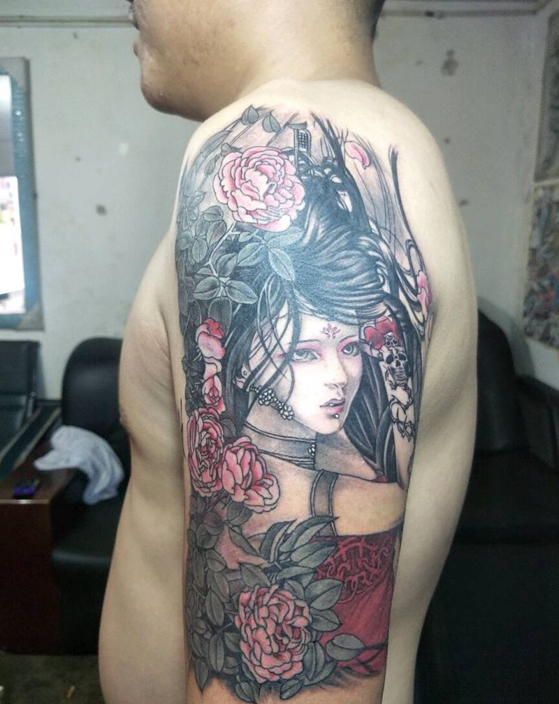 艺妓,遮盖旧纹身。纹身图片