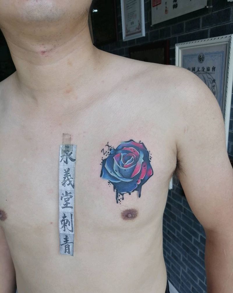 玫瑰纹身图片_胸部背部水彩水墨纹身图案