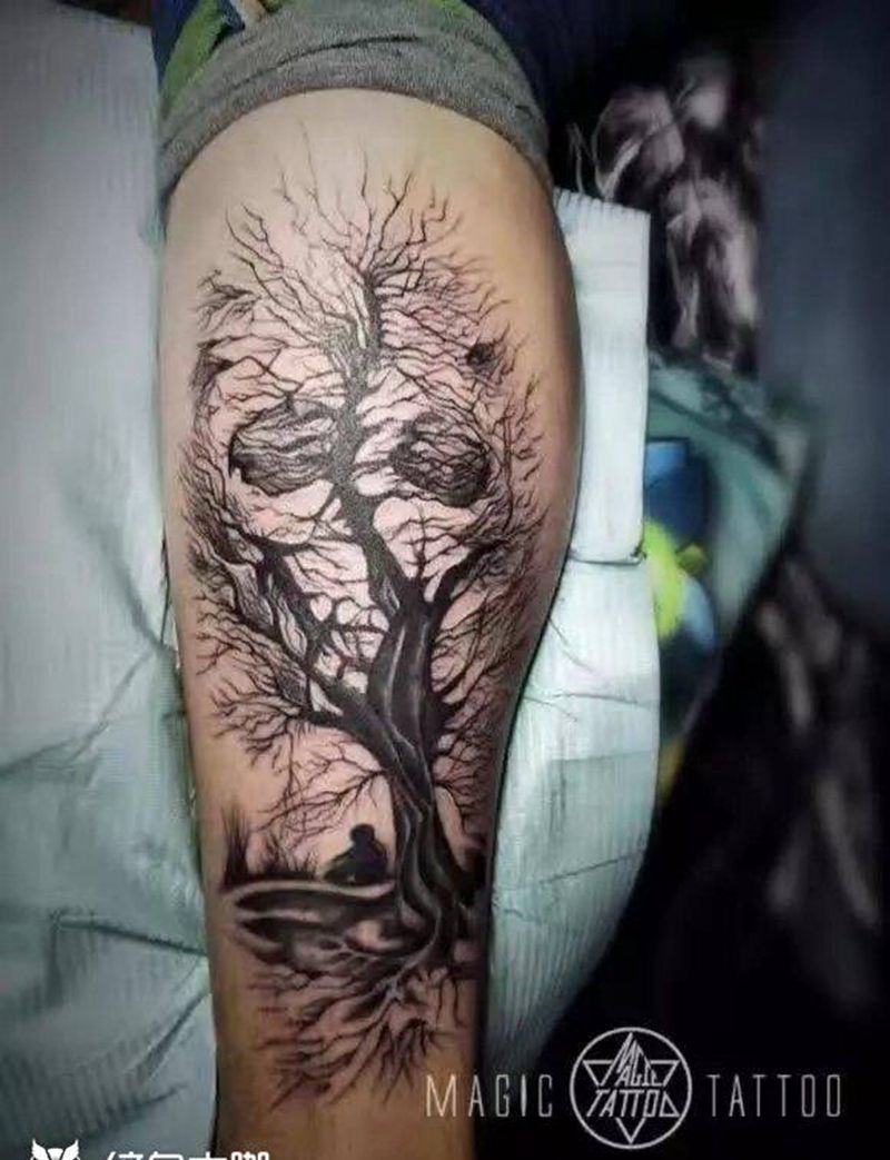 树 骷髅纹身图片_腿部欧美蚌埠纹身图案