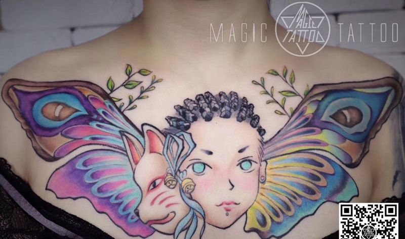 花胸纹身图片_胸部New School花胸翅膀头像纹身图案