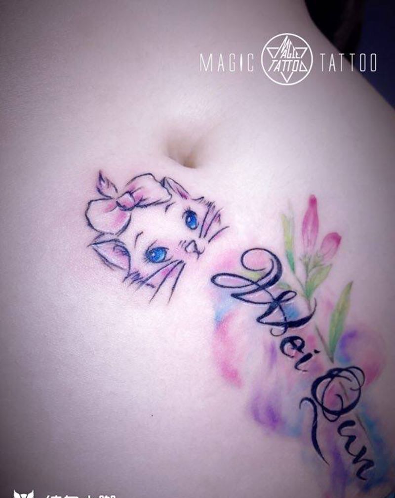 水彩 小猫 英文纹身图片_腹部清新动物纹身图案