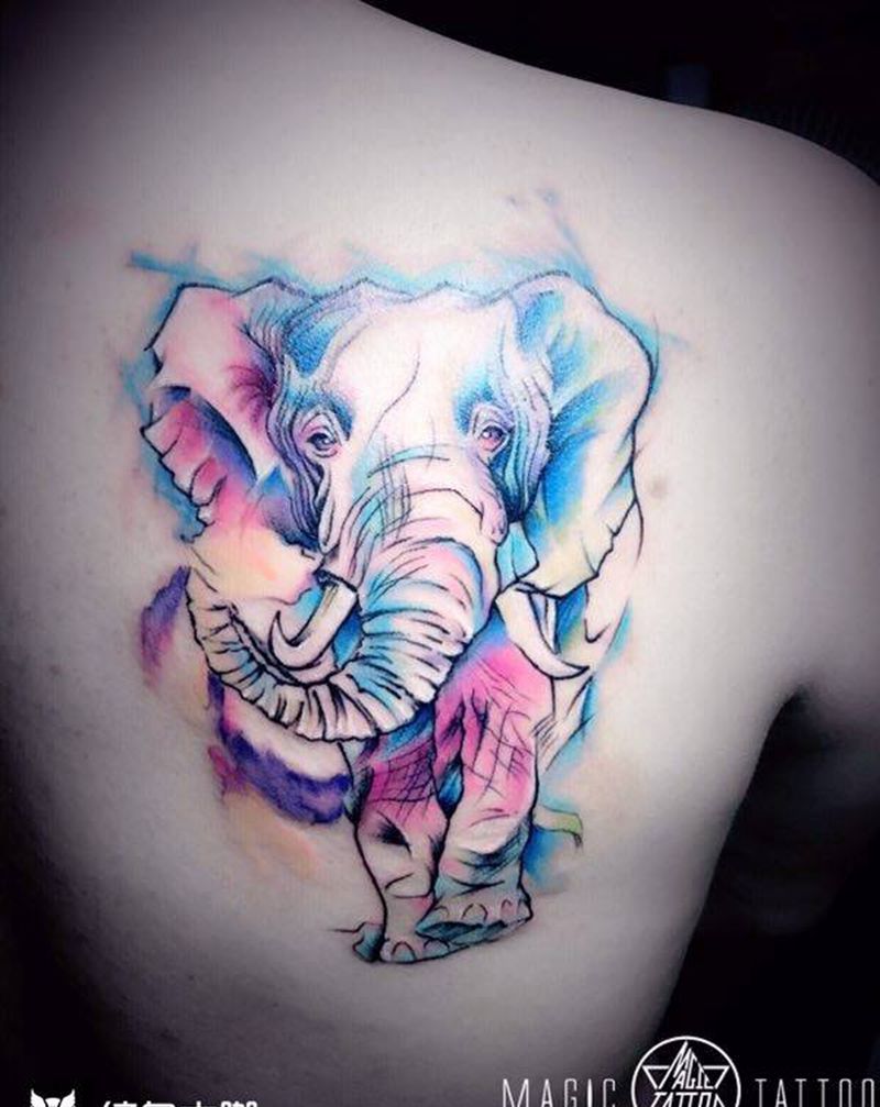 来一头彩色的象纹身图片_背部欧美动物蚌埠象水彩泼墨成品纹身图案