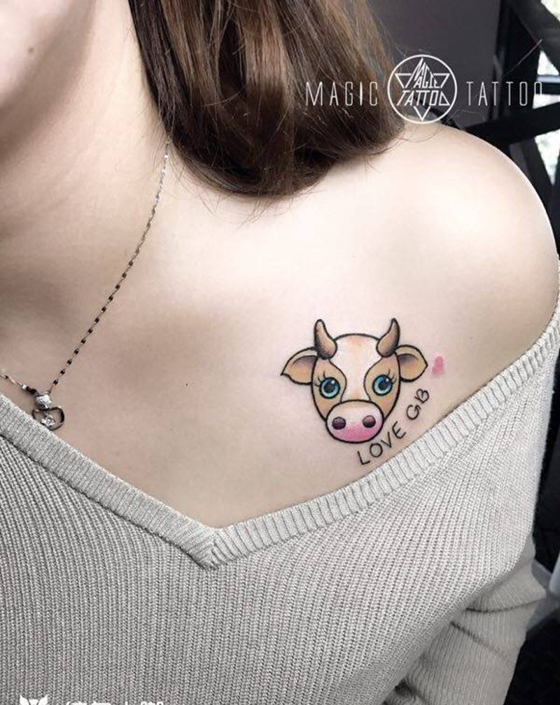 school 小牛纹身图片_成品肩部胸部欧美动物蚌埠school纹身图案