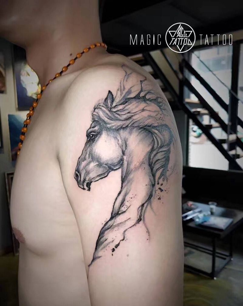 爱上一匹野马纹身图片_成品手臂欧美动物情侣蚌埠水彩马纹身图案