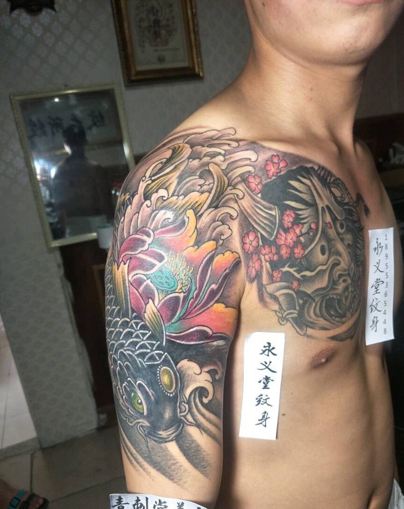 半甲纹身图片_胸部手臂传统动物植物芜湖宣城芜湖刺青宣城刺青成品纹身图案