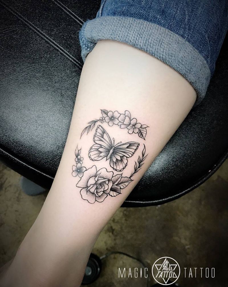 小清新纹身图片_成品腿部清新植物动物蚌埠纹身图案