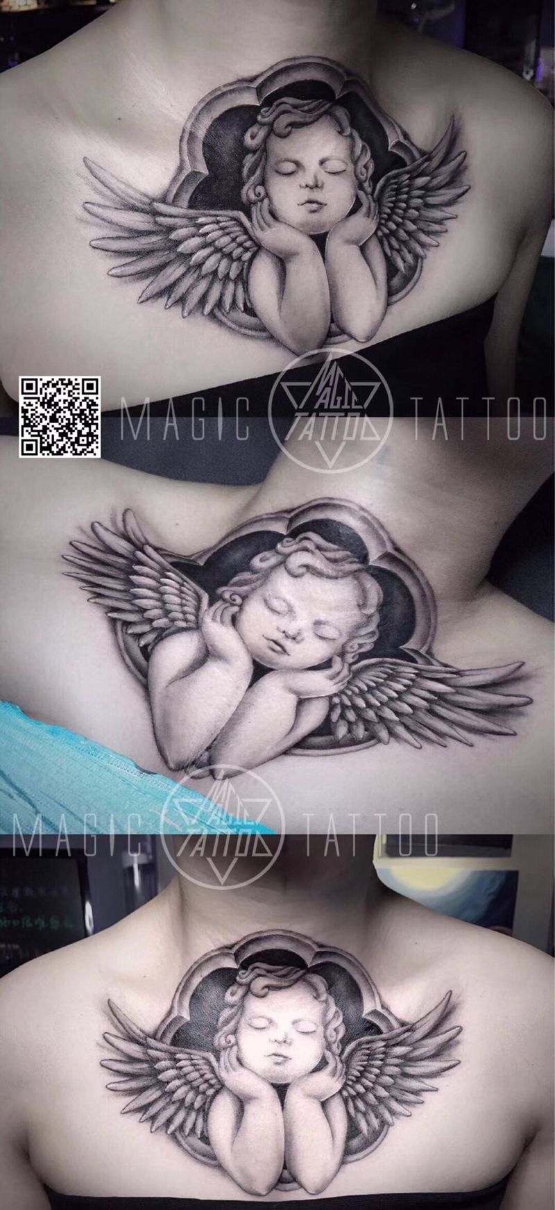 疤痕遮盖纹身图片_颈部欧美写实天使纹身图案