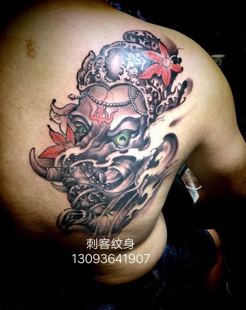 象神纹身图片_肩部传统动物人物成品纹身图案