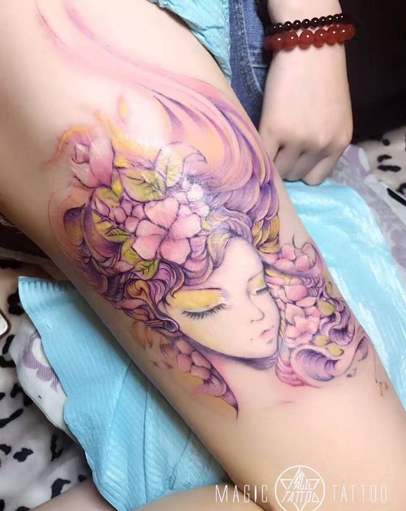 大腿疤痕遮盖纹身图片_成品腿部欧美人物蚌埠水彩彩色唯美卡通纹身图案