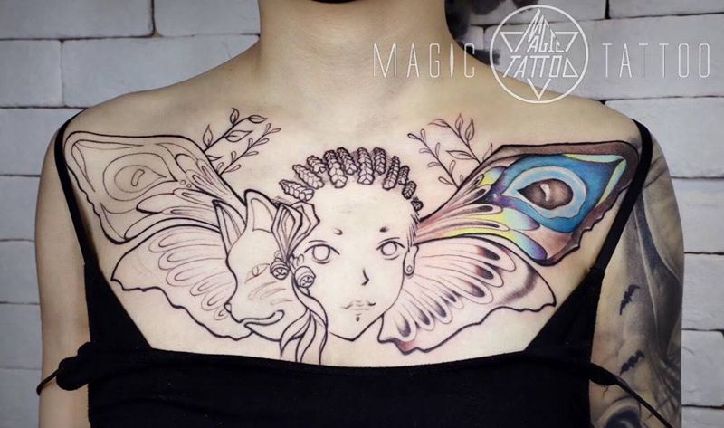 私人订制纹身图片_胸部New School花胸头像翅膀纹身图案