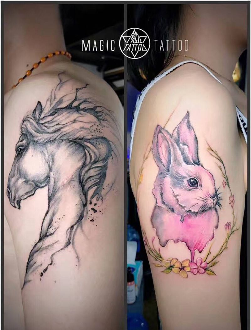 兔子与马的爱情故事纹身图片_成品动物蚌埠彩色兔子马纹身图案