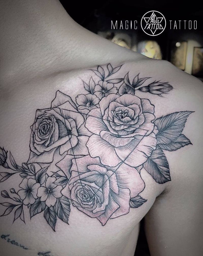 玫瑰纹身图片_成品肩部胸部欧美清新几何植物蚌埠玫瑰纹身图案