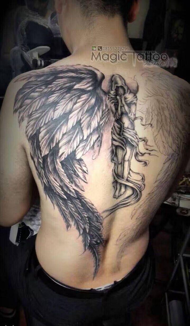 守护天使纹身图片_欧美背部鬼神蚌埠纹身图案