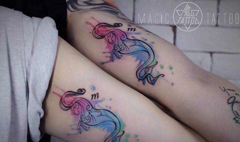 情侣星座纹身图片_手臂水彩星座情侣纹身图案