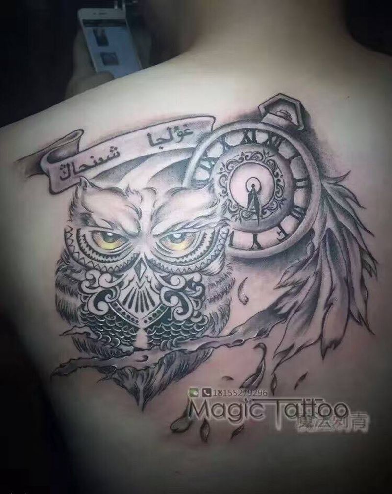 猫头鹰纹身图片_肩部背部欧美几何图腾动物蚌埠纹身图案