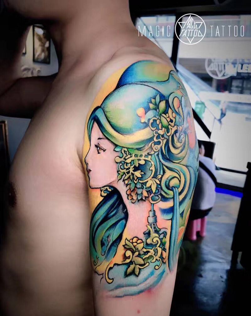 水瓶座纹身图片_成品手臂蚌埠彩色星座纹身图案