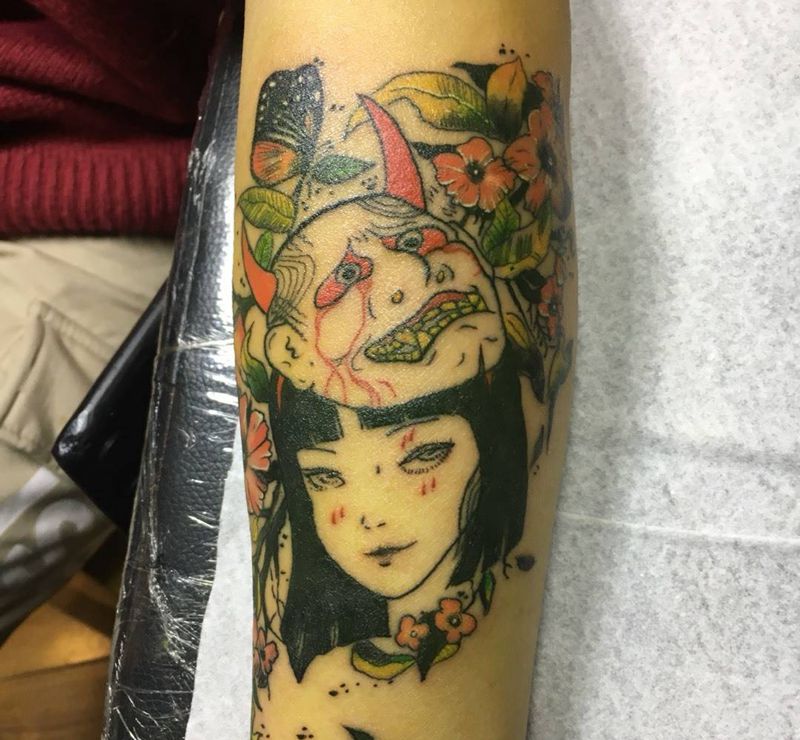 般若女孩纹身图片_手部手臂New School水彩人物般若女孩纹身图案