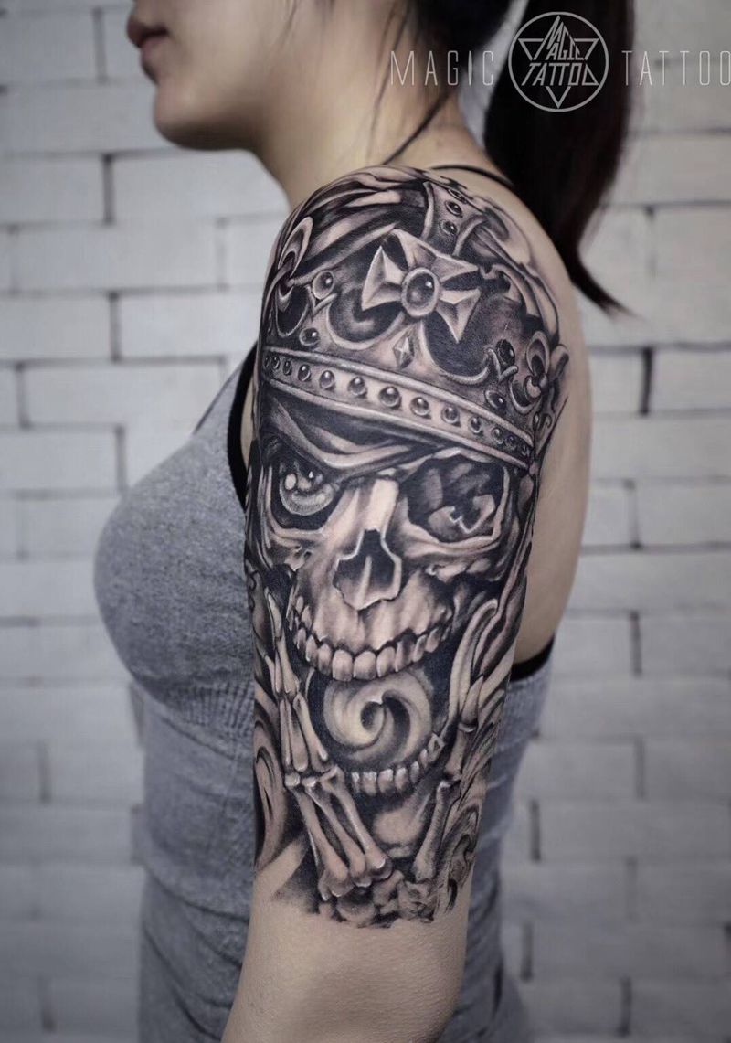 大臂骷髅纹身图片_手臂欧美写实骷髅纹身图案